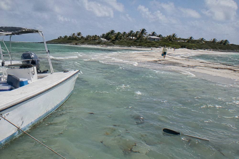 A anchored boat in clear shallow water beside a sandbar stretching to a green shoreline