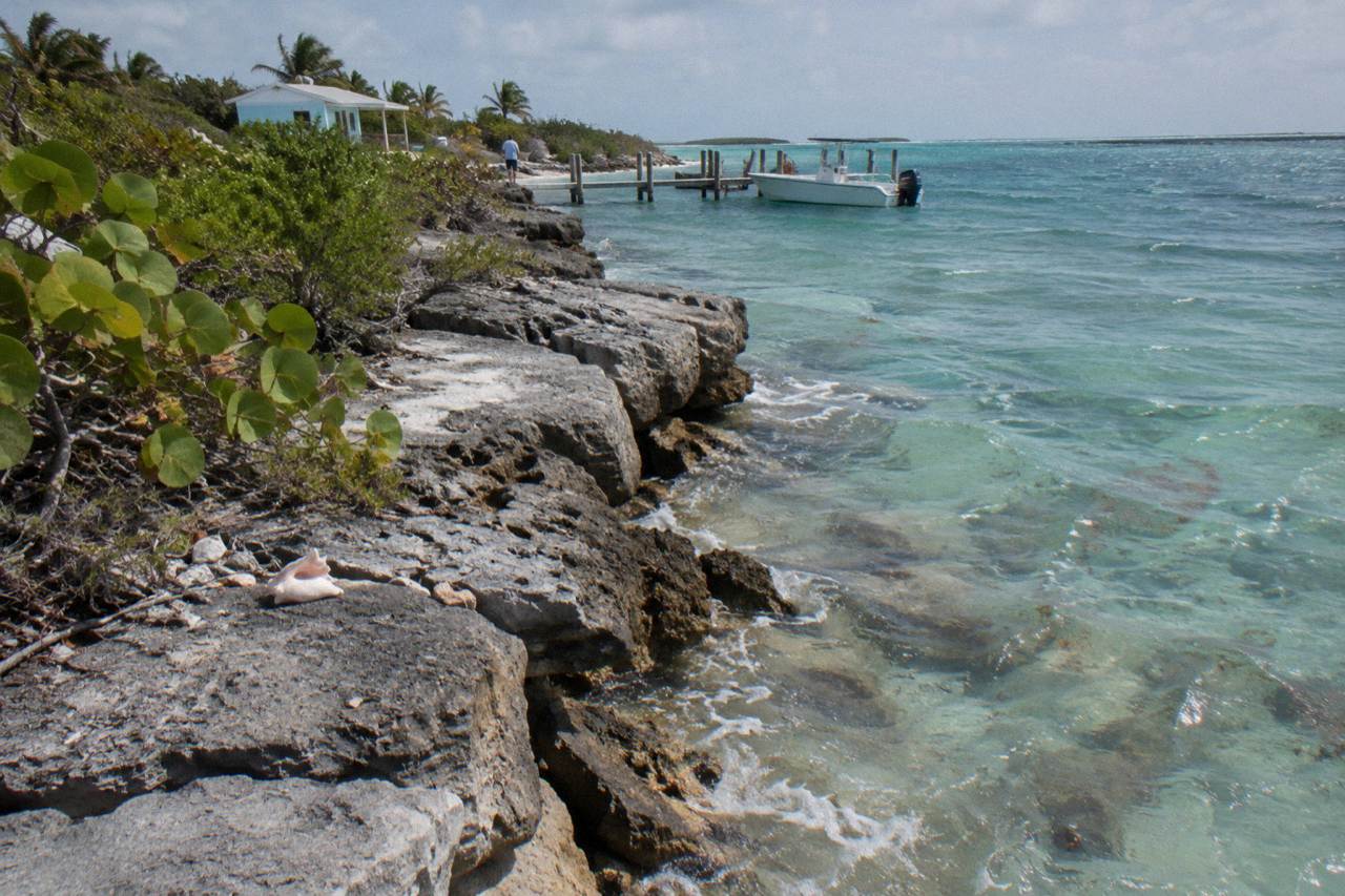 Rocky shoreline of a small Exuma cay with shallow turquoise water and low scrub