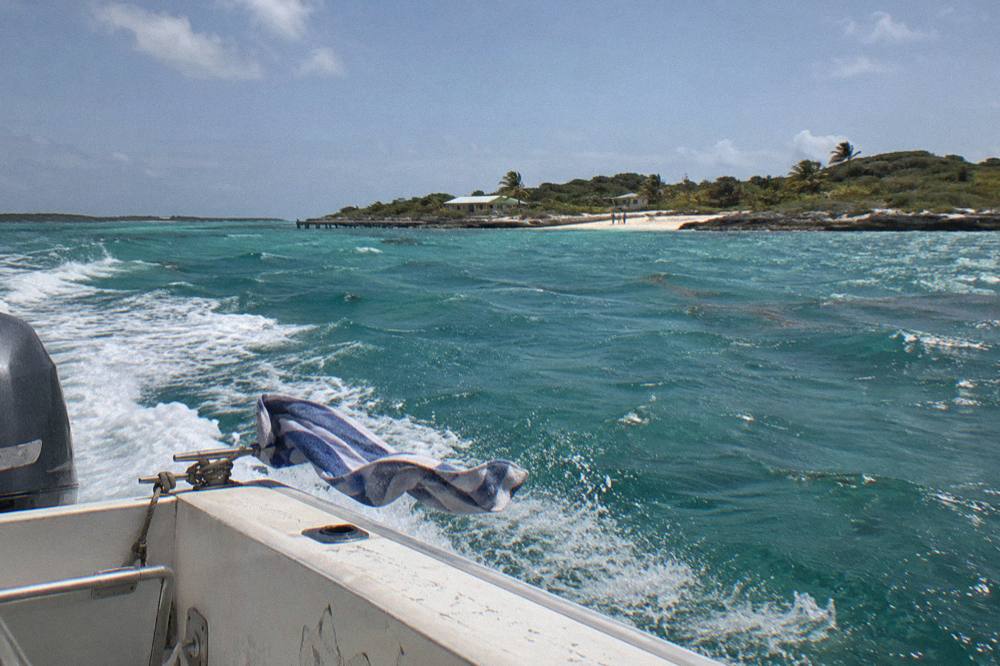 A speedboat crossing open turquoise water under a clear sky