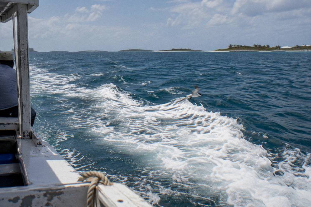 A boat wake trailing across deep blue open water toward distant cays