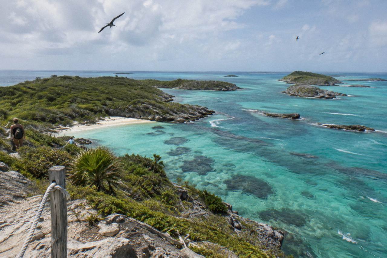 Turquoise shallow water and small cays inside a protected marine park in the Exuma Cays