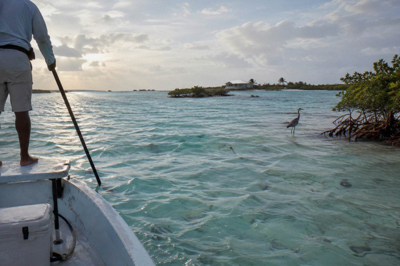 Calm turquoise flats water around Exuma with distant mangrove islands