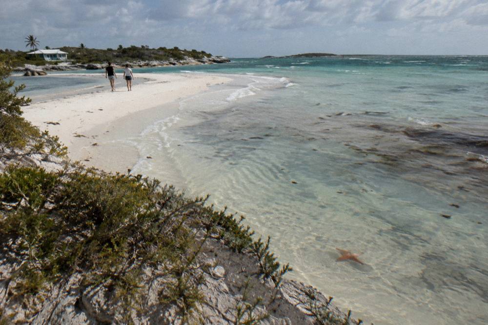 Calm clear water over a sandbar under a bright sky