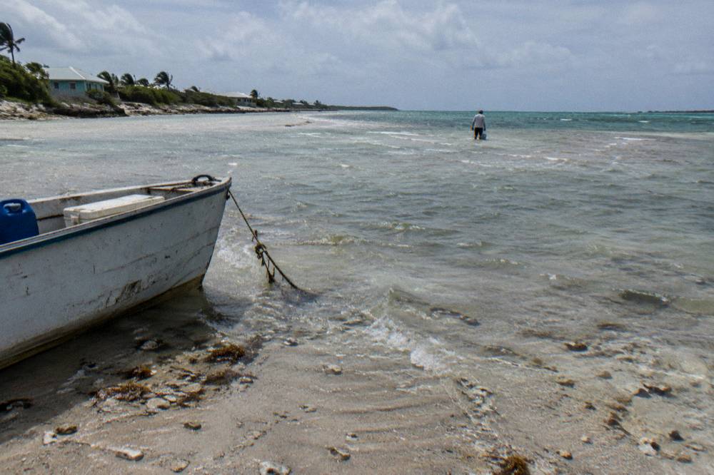 A wide empty sandbar at low tide surrounded by clear shallow water
