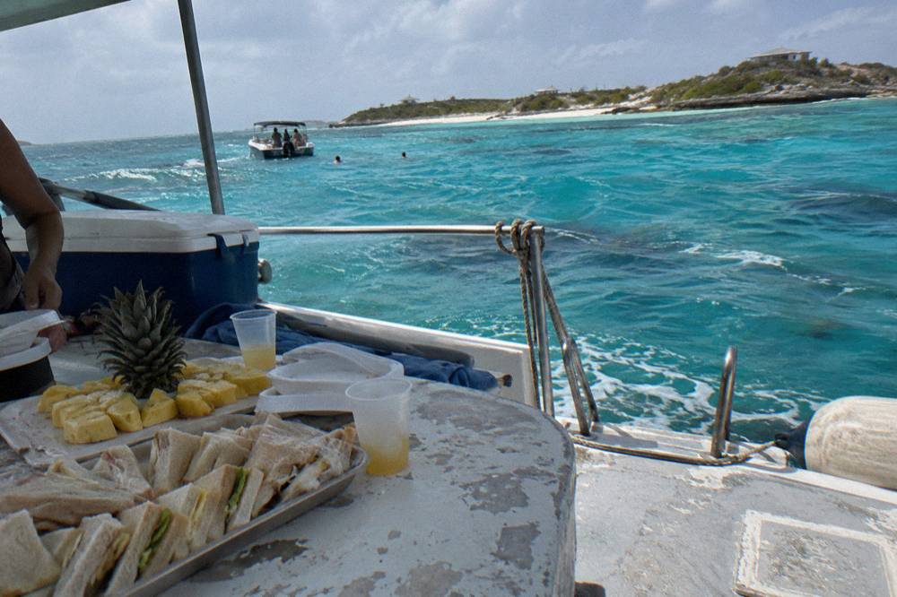 Sandwiches and fresh fruit laid out for lunch on a boat deck