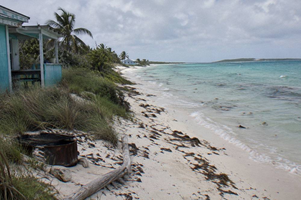 Calm shallow water meeting a narrow strip of white sand beach