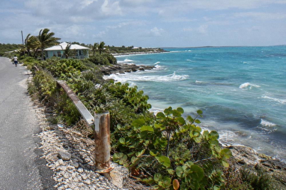 Open coastal road curving past low green scrub toward the sea